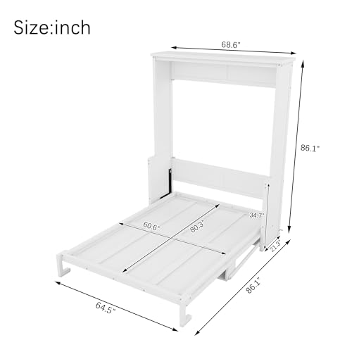 Queen Size Murphy Bed with Desk & Charging Station,Wall Bed Frame Folding into Cabinet Design w/LED & Storage Shelf for Small Space,Bedroom,Guest Room,White