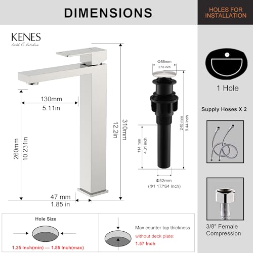 KENES Brushed Nickel Vessel Sink Facuet Single Handle Tall Bathroom Sink Faucet Vanity Bathroom Faucet Basin Mixer Tap with Water Supply Hose and Pop Up Sink Drain, LJ-9031A