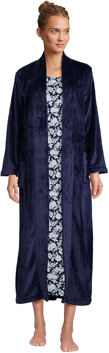 Lands' End Womens Cozy Plush Long Wrap Robe Deep Sea Navy Regular Small