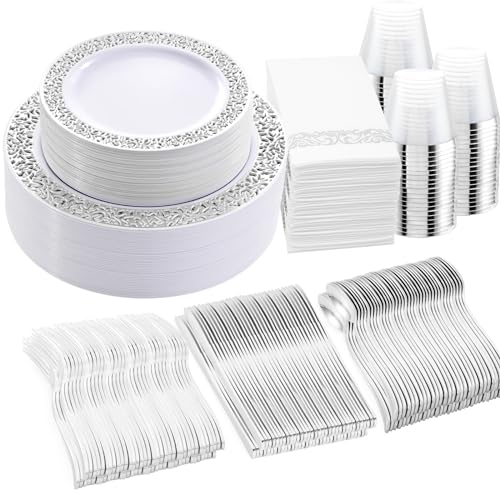 WELLIFE 350pcs Silver Party Dinnerware Set for 50 Guests, Silver Wedding Plates Disposable Heavy Duty, Including :50 Dinner Plates, 50 Dessert Plates, 50 Cups, 50 Napkins, 50 Sliver Silverware Set
