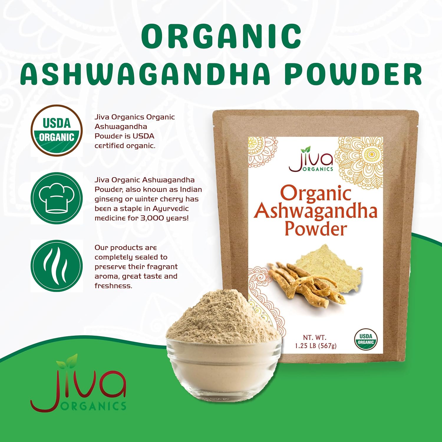 Jiva Organics Ashwagandha Root Powder 1.25 Pound (20oz) - Raw, Pure, Non-GMO, Lab Tested