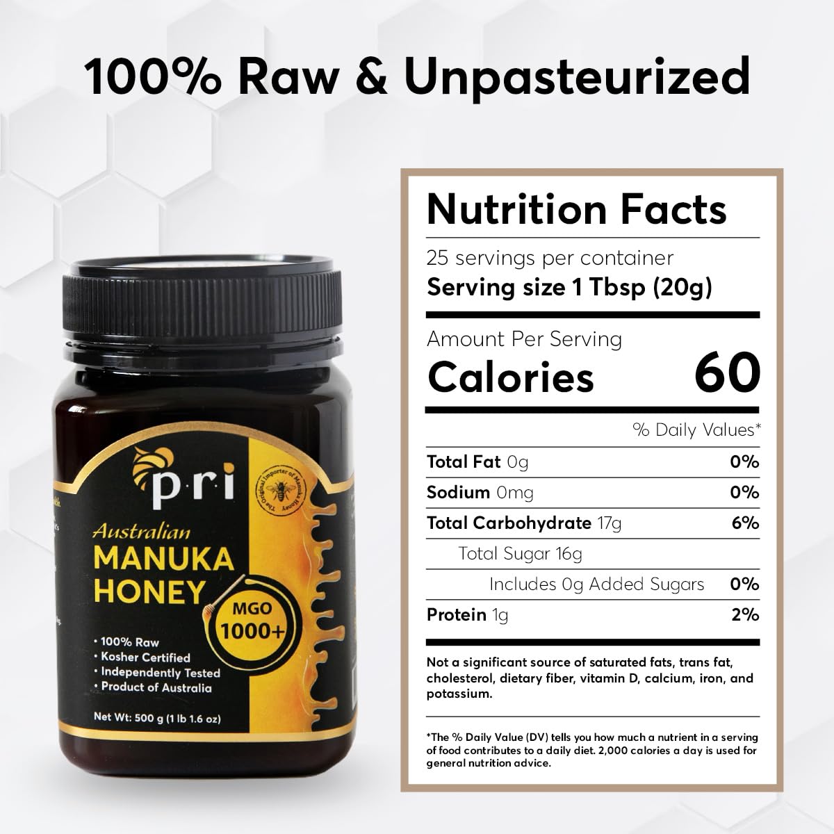 PRI Manuka Honey MGO 1000+, 1.1LB High Strength - Raw Manuka Honey (500g Jar)