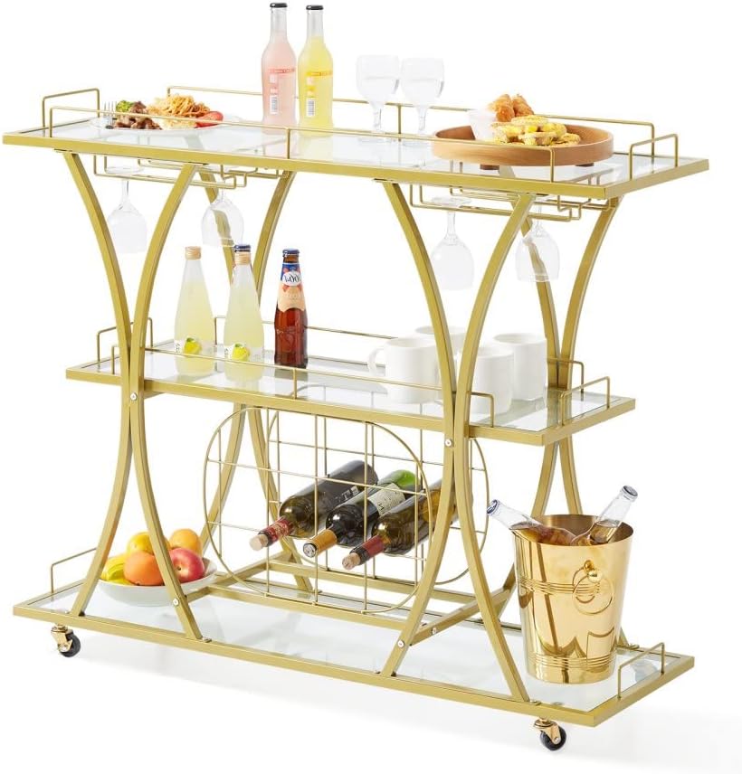 Gold Metal Bar Serving Cart with Wine Rack Glass Holder - 3 Tiers, 180 LBS Capacity - Perfect for Home Parties, Events, and Entertaining Guests