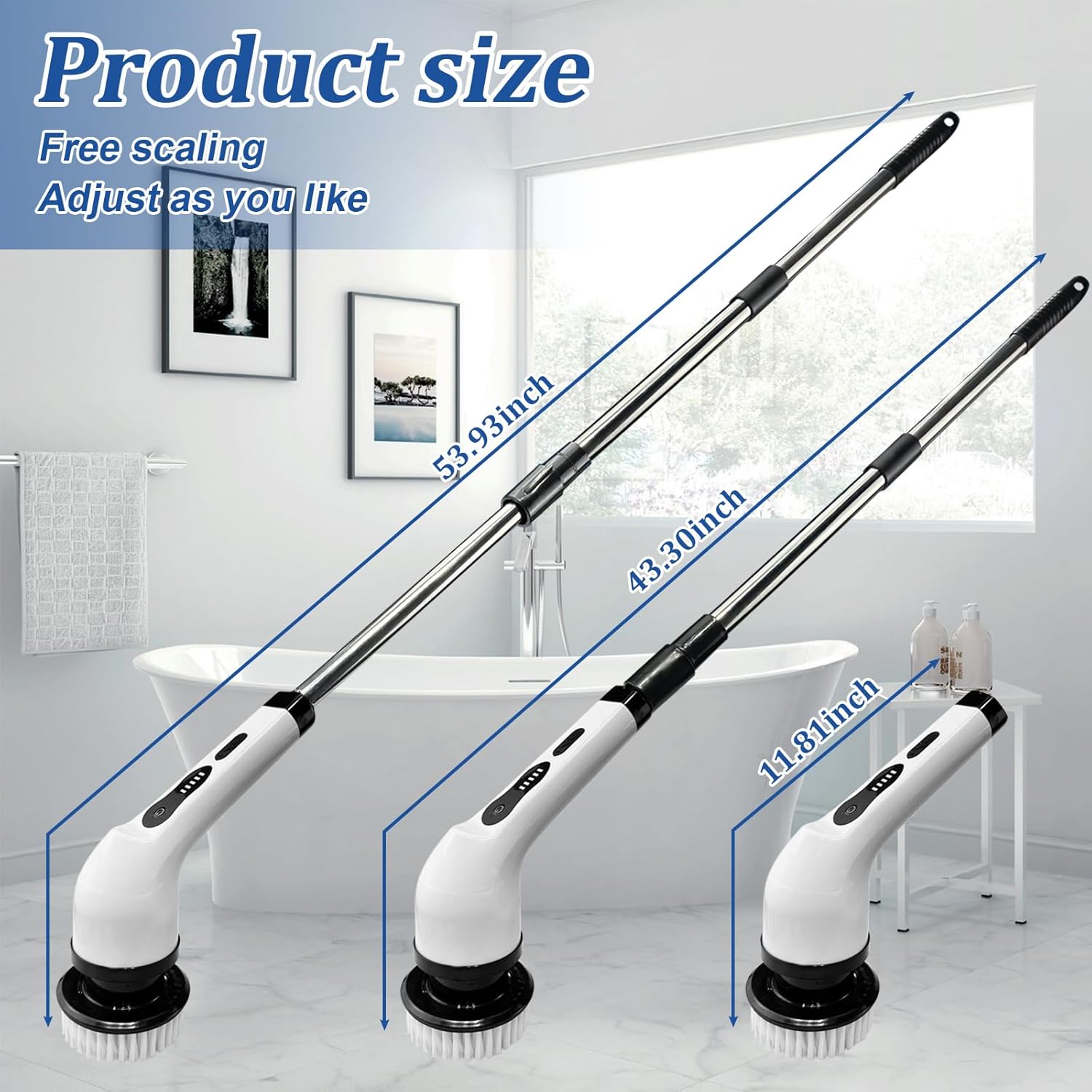 Electric Spin Scrubber，New Cordless Cleaning Brush with Adjustable Extension Arm Electric Shower Scrubber,8 Replaceable Brush Heads for Bath, Tile, Tub，Floor, Kitchen, Car Two Speed Detachable Handle