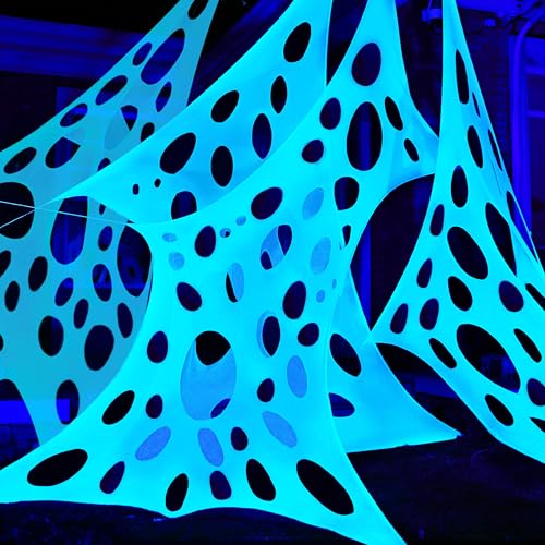 JOYIN 1000sqft Halloween Spider Web Decoration Outdoor, Glow-in-The-Dark Giant Spiderweb, DIY Stretchy Flexible Beef Netting in White (Blue at Night) for Neon Decor Indoor Party Haunted House Prop