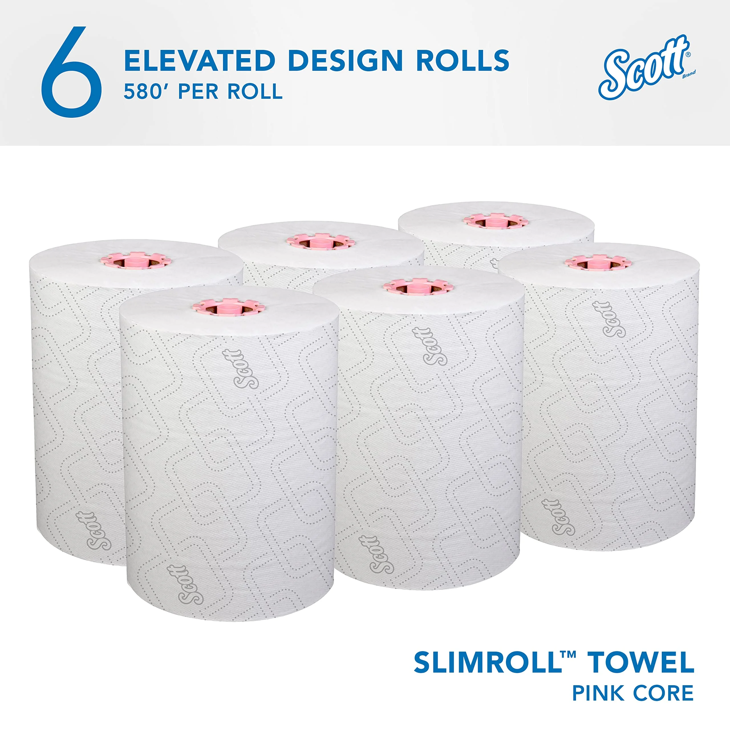 Scott® Pro™ Slimroll™ Hard Roll Towels (47032), with Absorbency Pockets™, for Pink Core Dispensers, White, (580'/Roll, 6 Rolls/Case, 3,480'/Case)