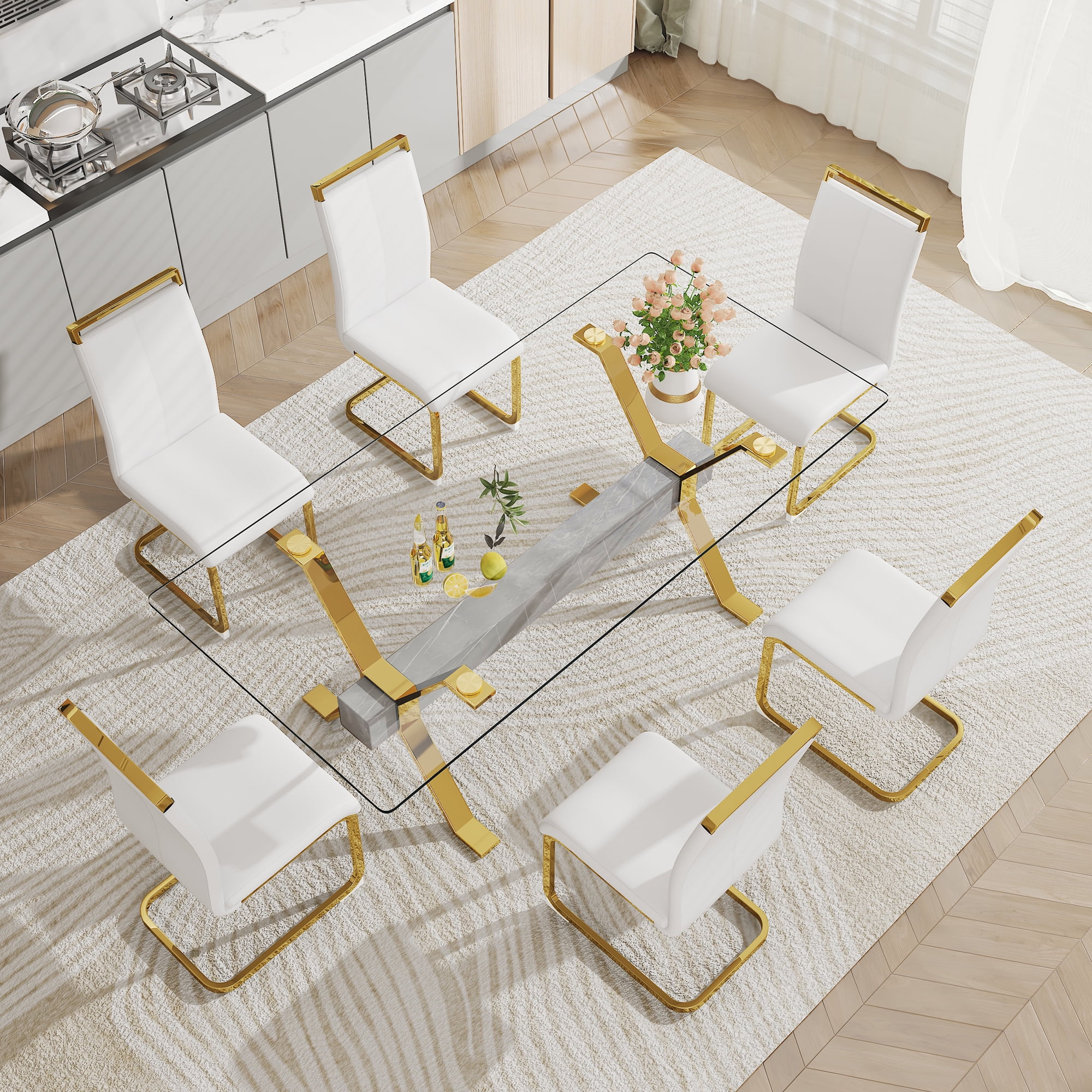 1 table and 6 chairs. Modern, simple and luxurious tempered glass rectangular dining table and desk with 6 white PU gold plated leg chairs 79''x39''x30''