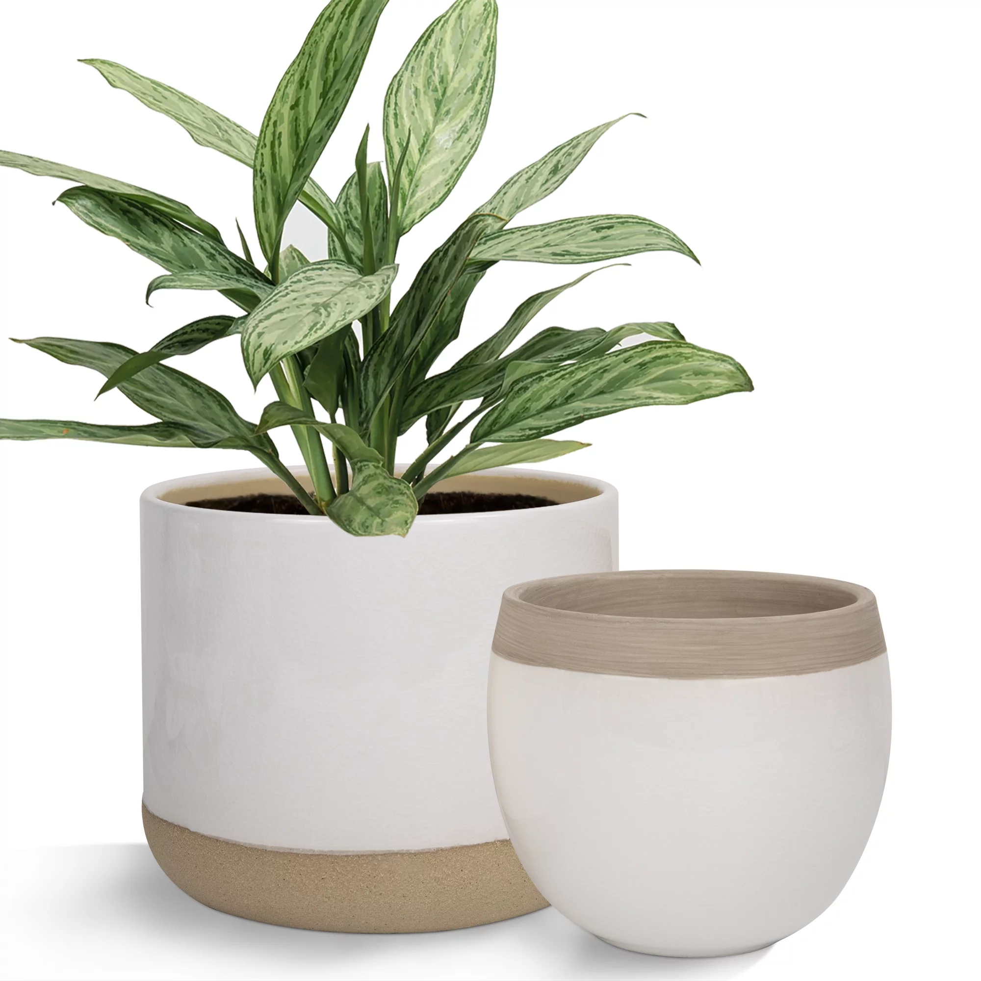 La Jolie Muse White Ceramic Flower Plant Pots - 6.5 + 4.9 Inch Indoor Planters, Plant Containers with Beige and Cracked Detailing