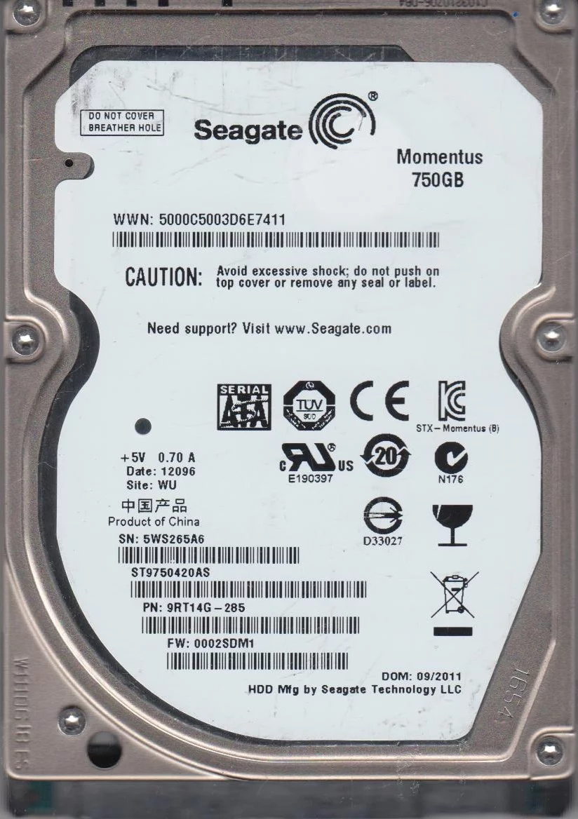 ST9750420AS, 5WS, WU, PN 9RT14G-285, FW 0002SDM1, Seagate 750GB SATA 2.5 Hard Drive