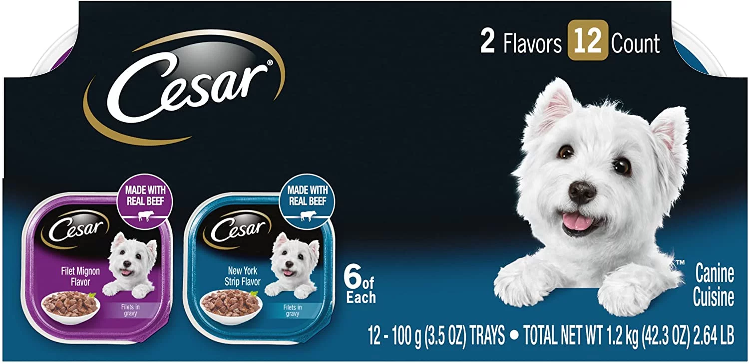 CESAR Adult Soft Wet Dog Food Filets in Gravy Variety Pack, Filet Mignon and New York Strip Flavors, (12) 3.5 oz. Trays