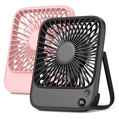 TOPK 2 Pack 5000mAh Portable Desk Fan, Ultra-thin Strong Wind Digital Display 4 Speeds Adjustable Small Quiet Battery Powered Personal Travel Fan for Bedroom, Office, Cruise, Library, Outdoor