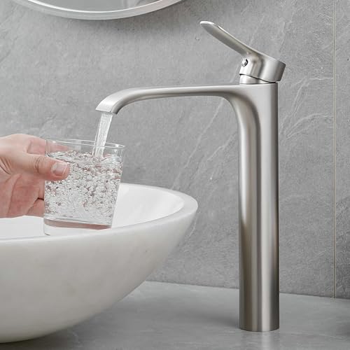 Brushed Nickel Vessel Sink Faucet, Single Handle Modern Waterfall Tall Bathroom Sink Faucet, Brass, 1 Hole, 1 Handle, Deck Mount, Vessel Install, Includes Supply Hoses, Drain, Manual