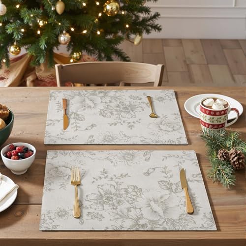 JINCHAN Linen Floral Fall Placemats Christmas Set of 4 Cloth Table Mats Rustic Cottagecore Jacobean Outdoor Seasonal for Kitchen Dining Table Decor Washable Tablemats 13x19 Inch Green