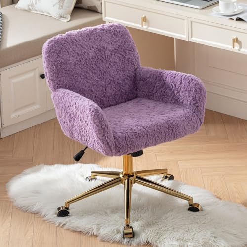 Modern Vanity Chair with Wheels, Faux Fur Office Desk Swivel Chair with Adjustable High & Golden Metal Base for Girls Bedroom, Small Spaces (Pink)