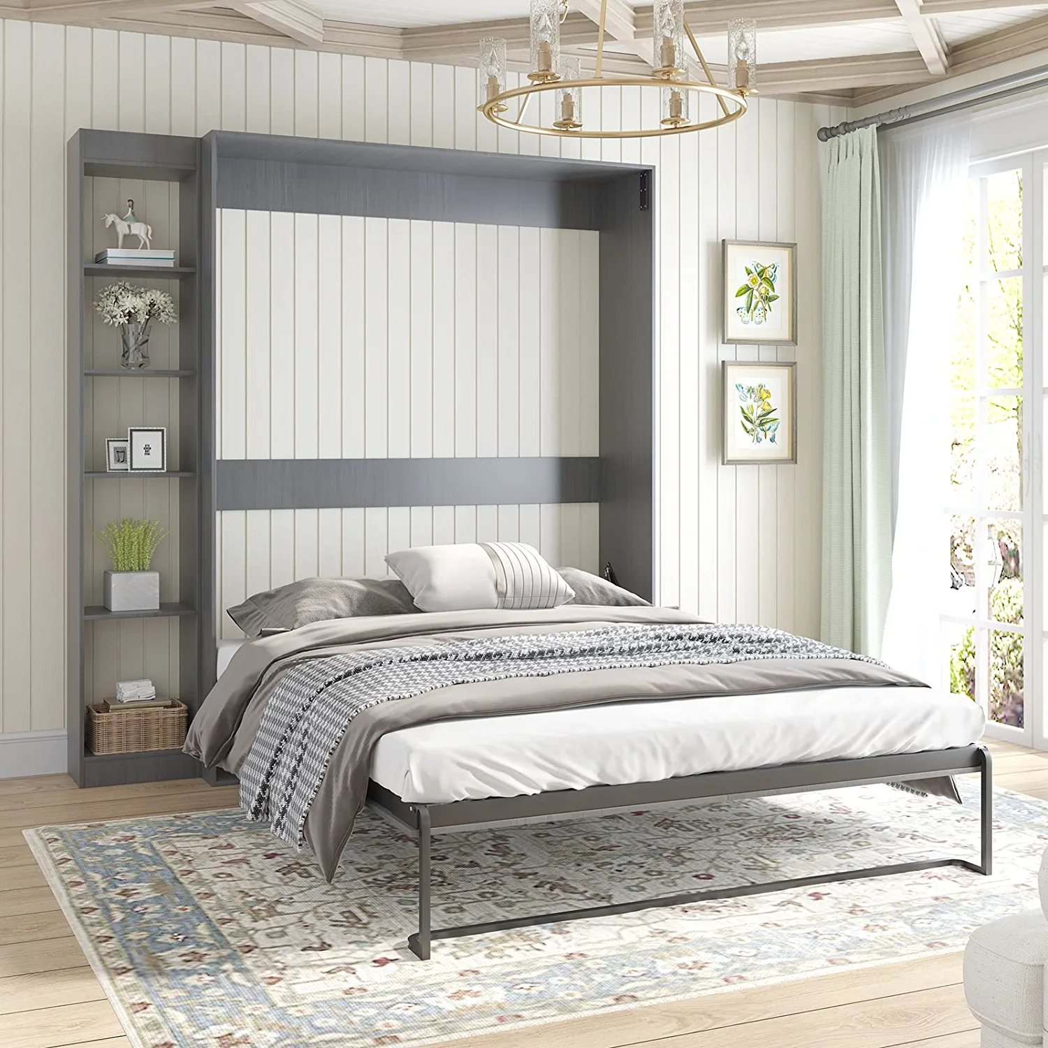 Mjkone Murphy Bed with 1 Side Cabinet, Folding Wall Bed for Bedroom, Fold Up Murphy Bed Cabinet, Murphy Chest Bed Can Be Folded into a Cabinet, Storage Bed (Dark Grey)