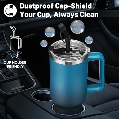 40 oz Tumbler with Handle and Straw Spout Lid - 100% Leak-proof Travel Coffee Cup, BPA Free Metal Mug, Vacuum Insulated Water Bottle- (Cold-34H & Hot-10H), Straw Cover, Silicone Boot