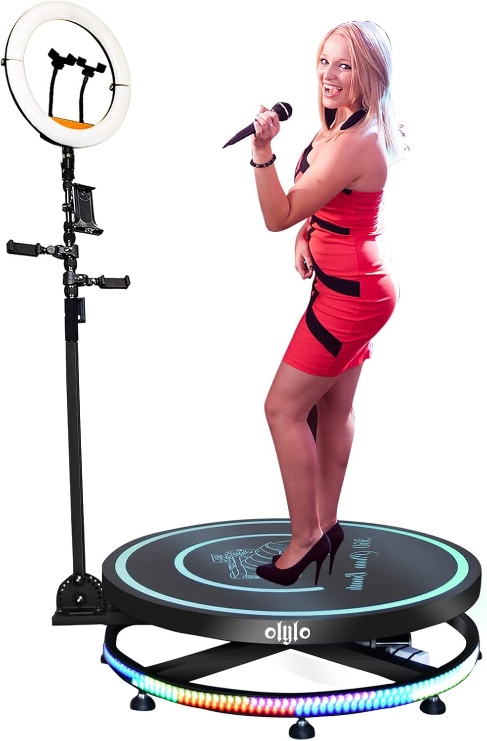 360 Photo Booth Machine for Parties with Free Logo Ring Light Selfie Holder Accessories,2 People Stand on Remote Control Automatic Spin 360 Video Camera Booth Platform Spinner 26.8” with Trolly