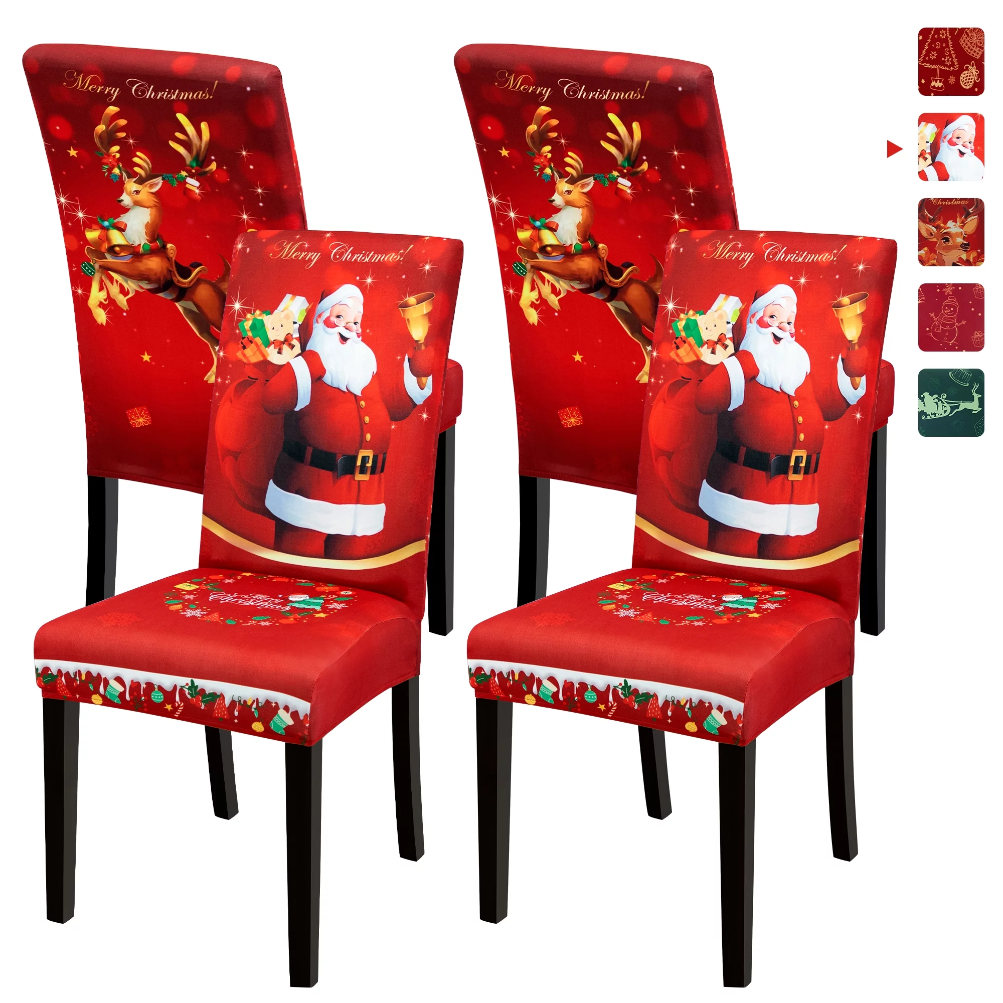 Stretch Christmas Chair Covers Set of 4, Elastic Dining Chair Slipcover, Santa & Elk, Home Kitchen Party Decor Seat Back Cover Protector (4 Pack, Red)