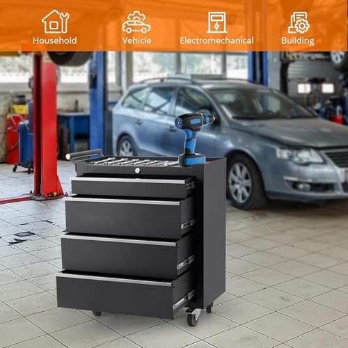Rolling Tool Chest, 4 Drawers Tool Storage Cabinet, Toolbox with Wheels, Portable Tool Cabinet Organizer with Locking System & Drawer Liners, Tool Storage Cart for Garage, Workshop
