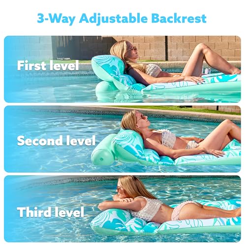 SLOOSH Adjustable Backrest Pool Floats - Tropical Leaves Pool Lounger Floaties Adults with Cup Holders, Inflatable Tanning Float Rafts Chair Beach Lake Lounge Floating Above Water Keep Cool (Blue)