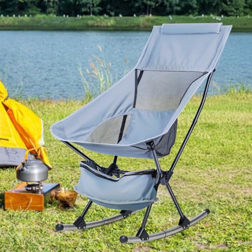Oversized Folding Rocking Camping Chair, Portable Outside Folding Rocking Chair, Adult Heavy Duty Camping Chair for Patio, Lawn and Outdoors, Supports 253lbs, Grey Grey