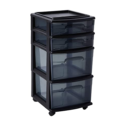 HOMZ Drawer Tower, 4-Tier Clear Plastic Storage Organizer Cart, Black Frame - Rolling Drawer Containers with Wheels for Bathroom, Bedroom, Office, and Classroom Organization