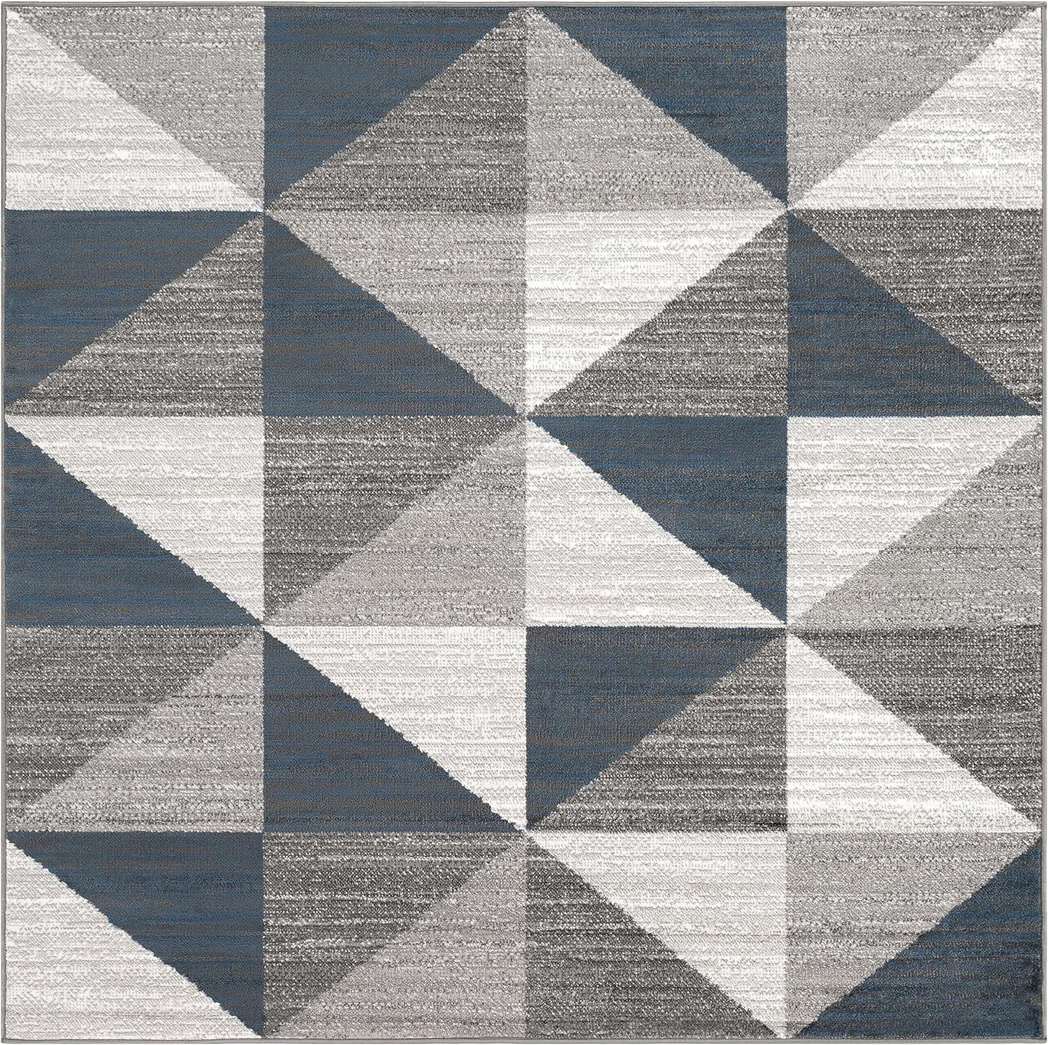 Area Rugs, 7X7 Davidson Modern Sky Blue/Navy Square Area Rug, Grey White Blue Carpet For Living Room, Bedroom Or Kitchen (6'7