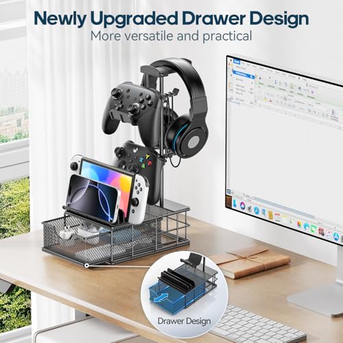 KDD Headphone Stand with Drawer - Headset & Controller Holder for Desk - Aluminum Supporting Bar Earphone Stand with Cable Organizer - Universal Gaming PC Accessories Storage