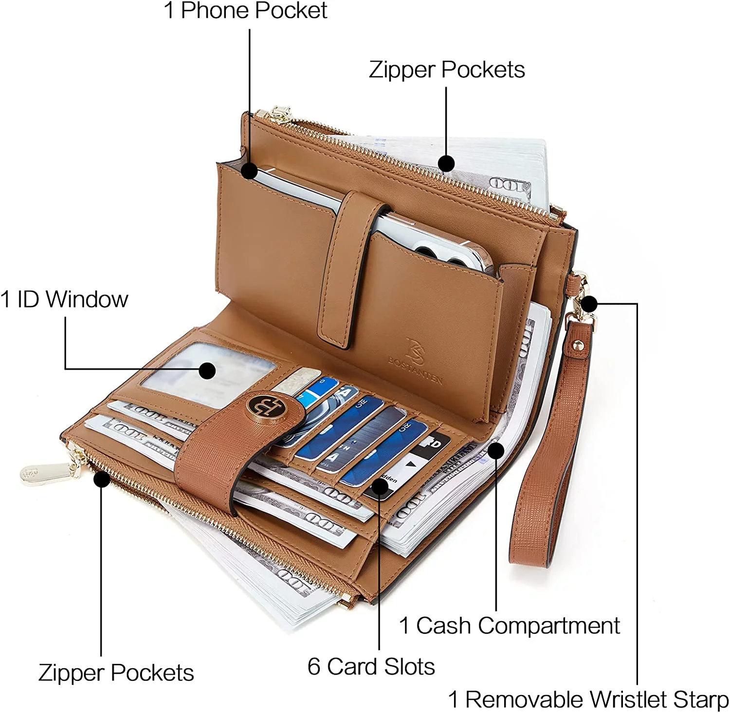 BOSTANTEN Womens Leather Wallets RFID Blocking Large Capacity Credit Cards Holder Phone Clutch