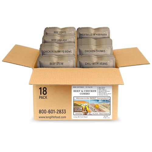 MRE Variety Pack 18-Pack – Beef & Chicken Entrees – Long Shelf Life – 2023+ Production – by Long Life Food Depot