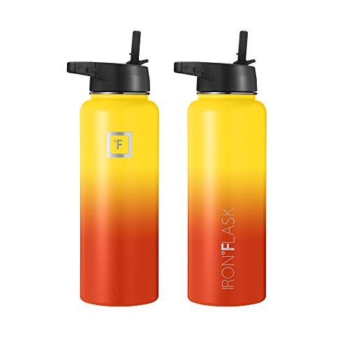 IRON °FLASK Camping & Hiking Hydration Flask with 3 Lids - Stainless Steel, Double Walled & Vacuum Insulated Water Bottle - Leak Proof & BPA Free (Midnight Black, Straw - 40 oz)