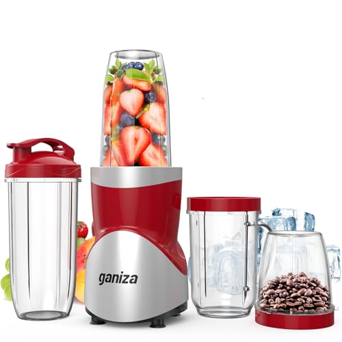 Ganiza Smoothie Blender, 900W Blenders for Shakes and Smoothies, 15-Piece Personal Blender and Grinder Combo for Kitchen, Smoothies Maker with 4 BPA-Free Portable Cup, Nutritious Recipe