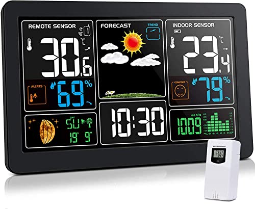 Kalawen Home Weather Stations Wireless Indoor Outdoor Thermometer, Portable Digital Weather Clock Atomic, Bluetooth Color Forecast Station Estacion Meteorologica Weather Monitor with Alarm