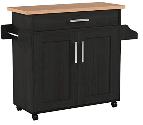 Hodedah Rolling Wood Kitchen Island Cart with Spice Rack, Towel Rack, Utensil Drawer plus Cabinet, White with Beech Top