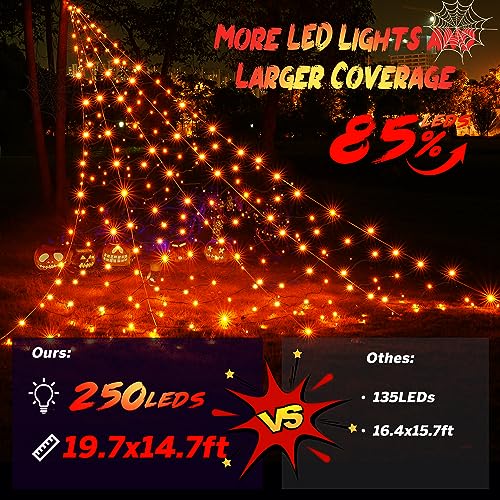 BlcTec Halloween Decorations Outdoor Huge Spider Web Decorations, 19.7ft x 14.7ft Sturdy Lighted White Spider Web with 250 LED Purple Orange Lights, 8 Modes, Timer, Waterproof for Outdoor Decor