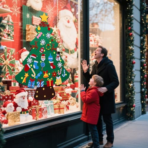 DIY Felt Christmas Tree Set with Ornaments for Kids, Wall Hanging Velcro Tree for Christmas Decorations with 34 Detachable Ornament 3ft(Green Christmas Tree)