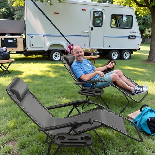 Greesum Zero Gravity Chairs Set of 2 Adjustable Steel Mesh Recliners Beach Deck Lawn Camping Patio Foldable Lounge Chair with Cup Holder Trays and Pillows,Brown