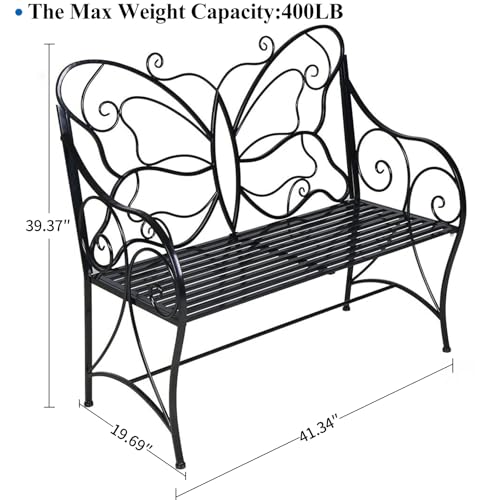 HLC Outdoor Bench Patio Outdoor Sturdy Rust-Resistant Garden Bench Butterfly Cast Iron Metal with Armrests for Garden, Park,Yard, Patio, Porch, Lawn Double Seats Black