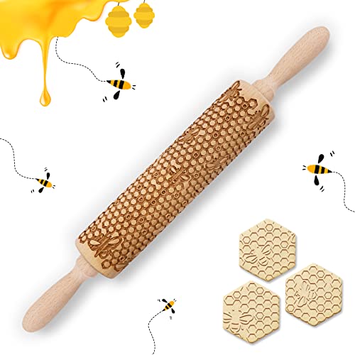Kitticcino Wooden Embossed Rolling Pin for Baking Christmas Rolling Pins With Embossed Honeycomb Designs for Pizza, Pasta, Pie, Pastry, Cookies, Kitchen Xmas Holiday Housewarming Gifts