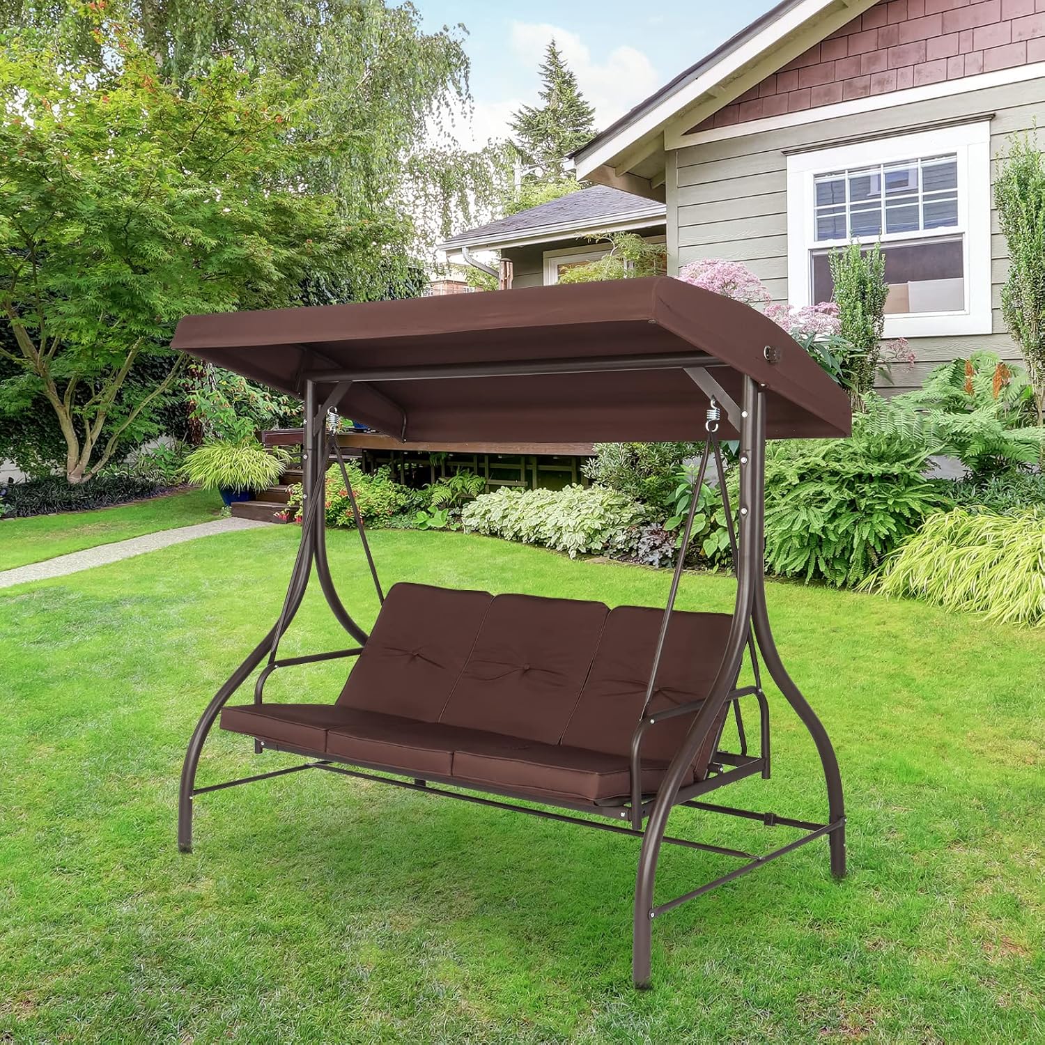 NA Steel Swing Load Bearing 551-pound,Porch Swing Outdoor Patio Swing Seat with Comfortable Cushion and Adjustable Waterproof Canopy Swing Chair,Garden 3-Seater Brown, 74.8''*47.24''*68.9''