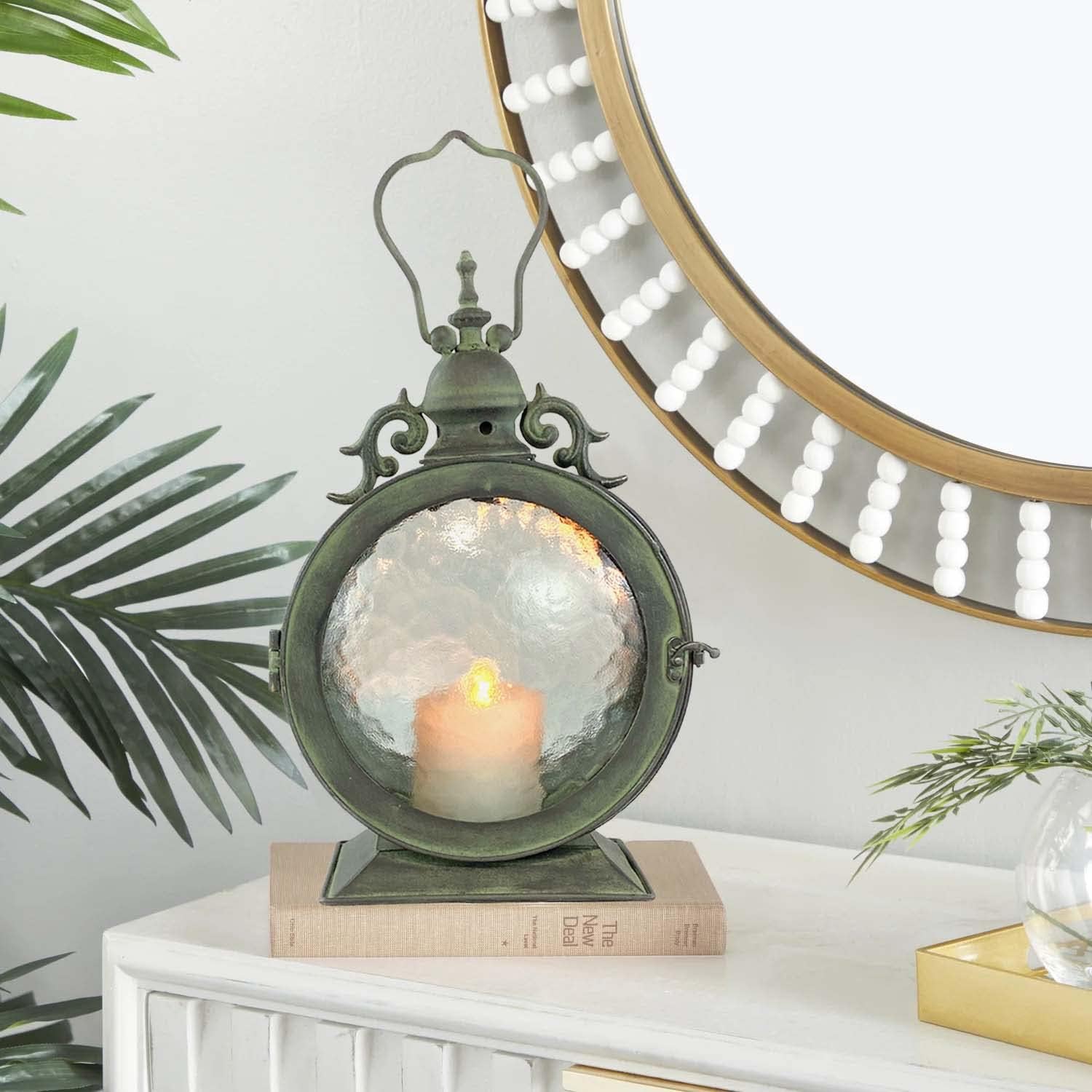 Westcharm Metal Round Hanging Candle Lantern with Curved Glass Insert, Nautical Coastal Style
