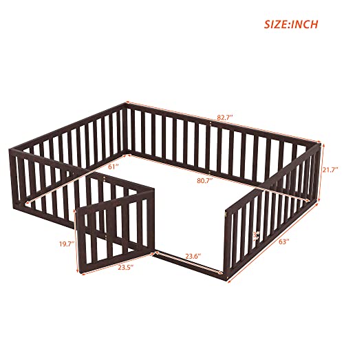 Twin Size Floor Bed Frame with Safety Fence and Door, Solid Wood Toddler Floor Bed with Fence, Twin Montessori Floor Bed Frame for Kids Girls Boys, Natural