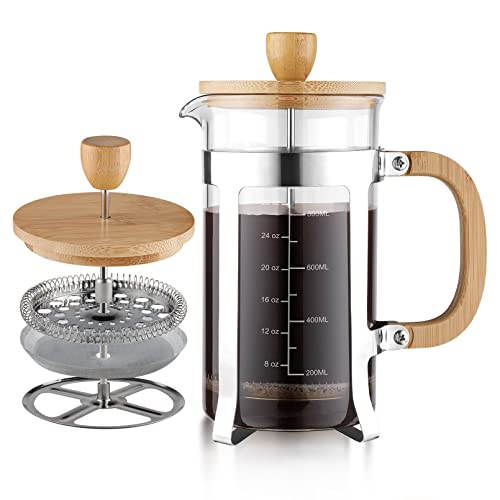 Sivaphe 34 oz French Press Coffee/Tea Maker with Bamboo Lid and Hand Stainless Steel High Borosilicate Glass 1000ml Coffee Brewer Set