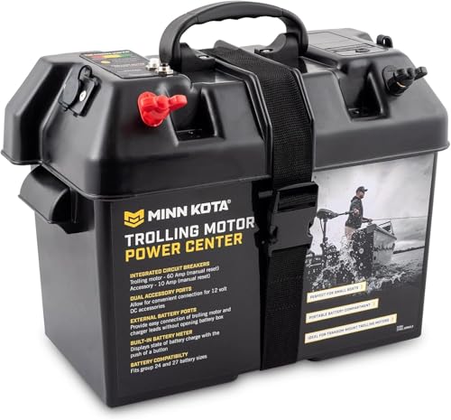 Minn Kota Marine Battery Box Power Center for Trolling Motor Leads with Meter and 12V Accessory Plugs (Battery Not Included), 1820175
