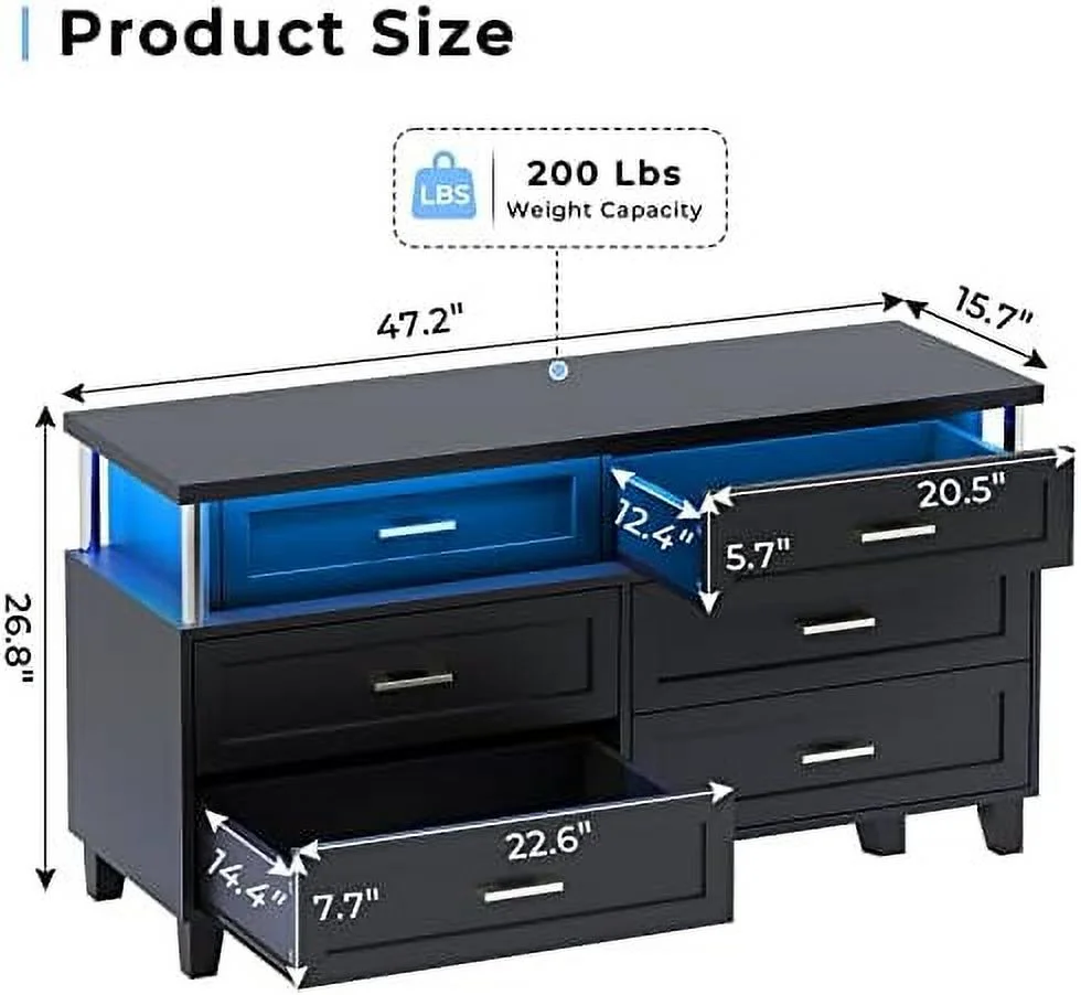 HOOMHIBIU Dresser for Bedroom with 8 Drawers  Chest of Drawers with LED Light  Tall Wide Dresser for  and Organization  Black Dresser for Bedroom  Living Room  Closet  VD-Drawers Dresser