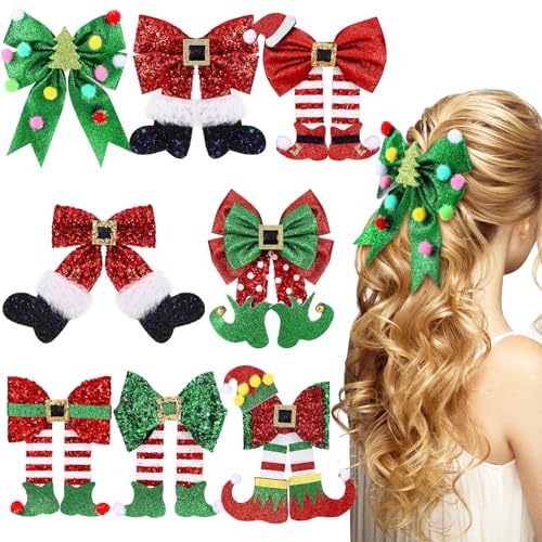4 Pack Christmas Hair Clips Glitter Sequins Red Bow Hair Clips Glitter Bow Party Cute Decoration Deer Antler Elf Headdress Christmas Decor for Women Gifts