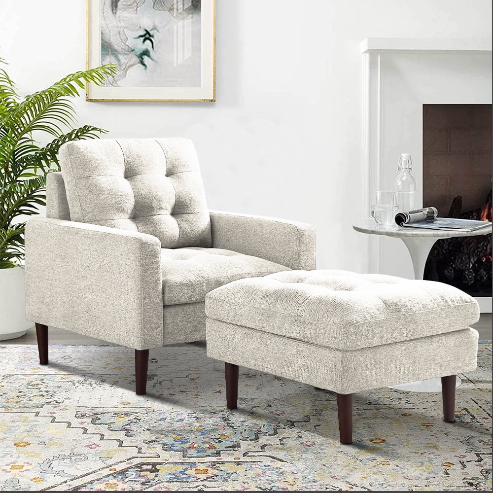 Accent Chair with Ottoman, Modern Fabric Single Sofa Chair, Upholstered Accent Arm Chair with Solid Wood Legs, Accent Chair for Home Office Living Room Bedroom, Beige