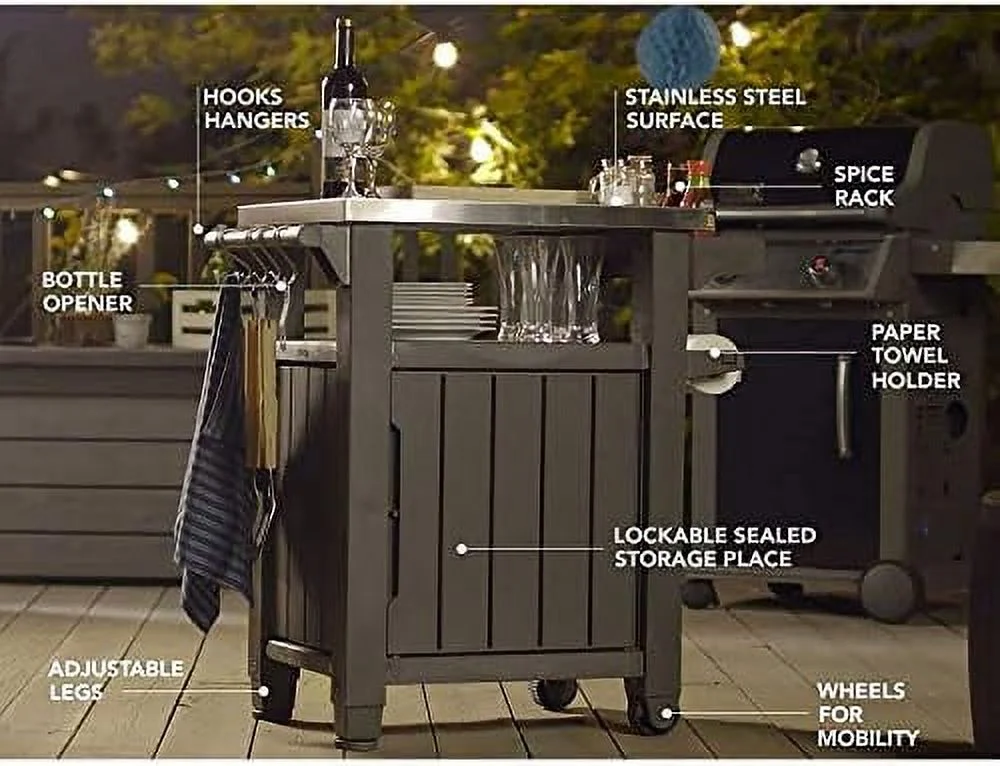 CCBIUOMBO Unity 40 Gallon Portable Outdoor Backyard Patio Grilling  Cart with Stainless Steel Tabletop  Hooks  and  Cabinet  Gray