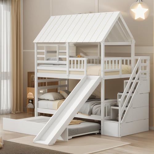 MERITLINE House Bunk Beds Twin Over Twin with Slide, Twin Bunk Bed with Storage Stairs and Trundle, Wood Kids Bunk Bed with Roof and Window Design for Girls, Boys,White