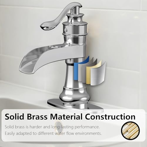 Vessel Sink Faucet, Oil Rubbed Bronze Black Bathroom Faucet, Farmhouse Waterfall Sink Faucet Single Hole with Pop Up Drain Assembly Without Overflow One Hole Mixer Tap Deck Mount